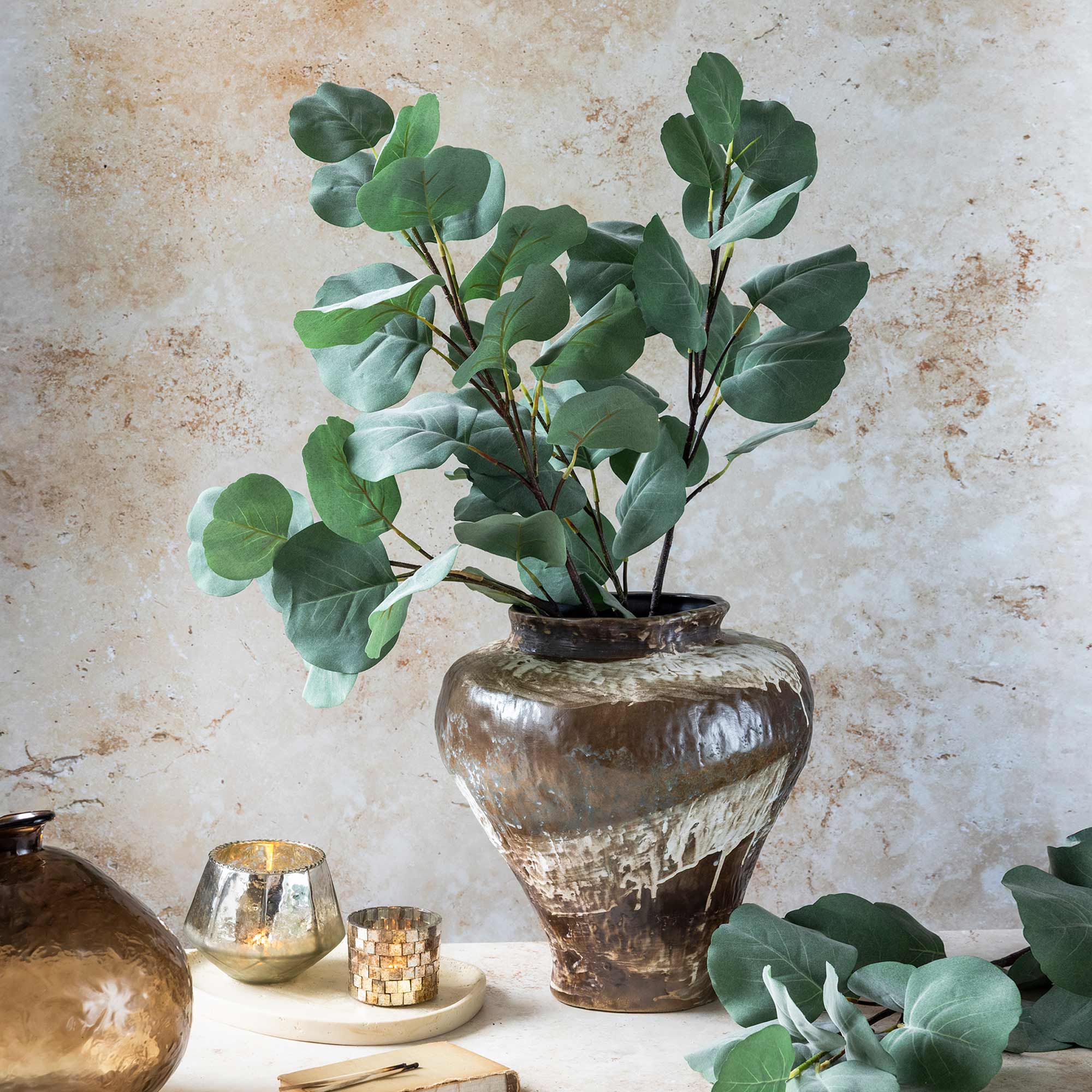 Faux eucalyptus stems with layered silver dollar leaves