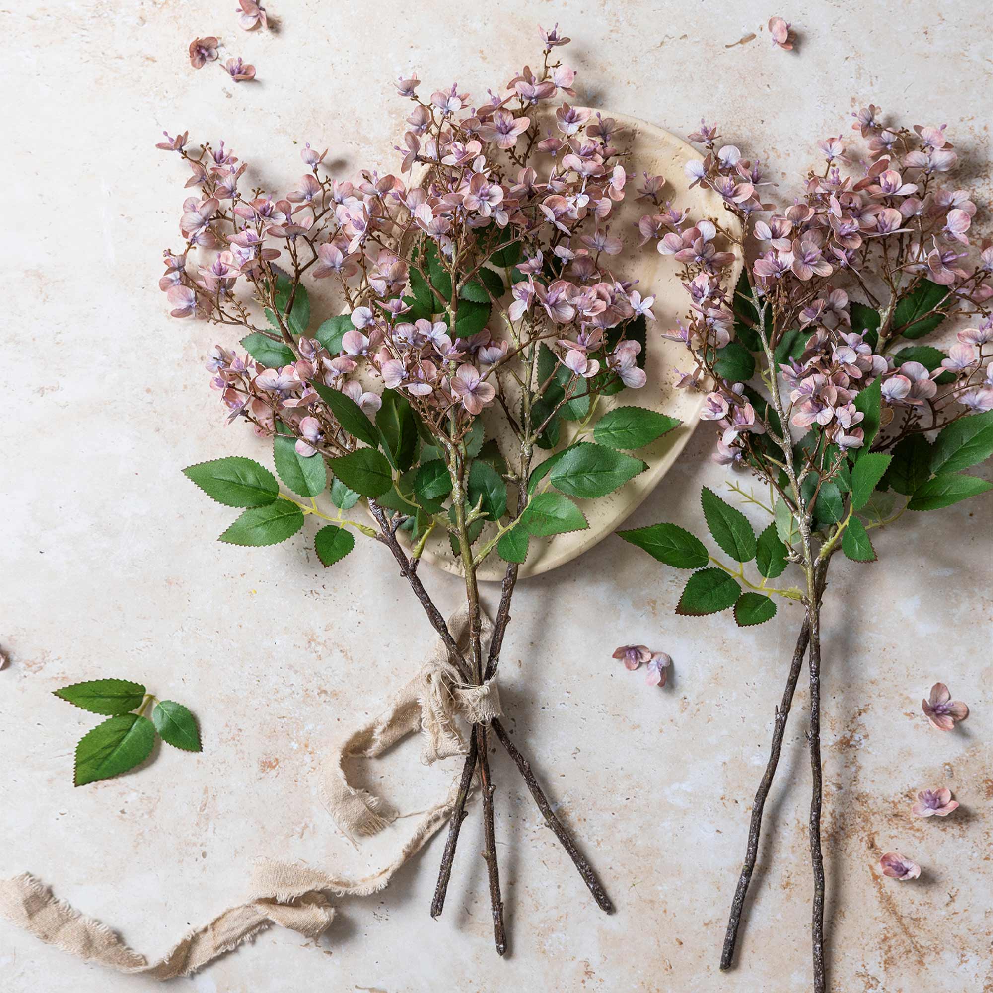 Hand-painted blush cherry blossom flowers on faux branch