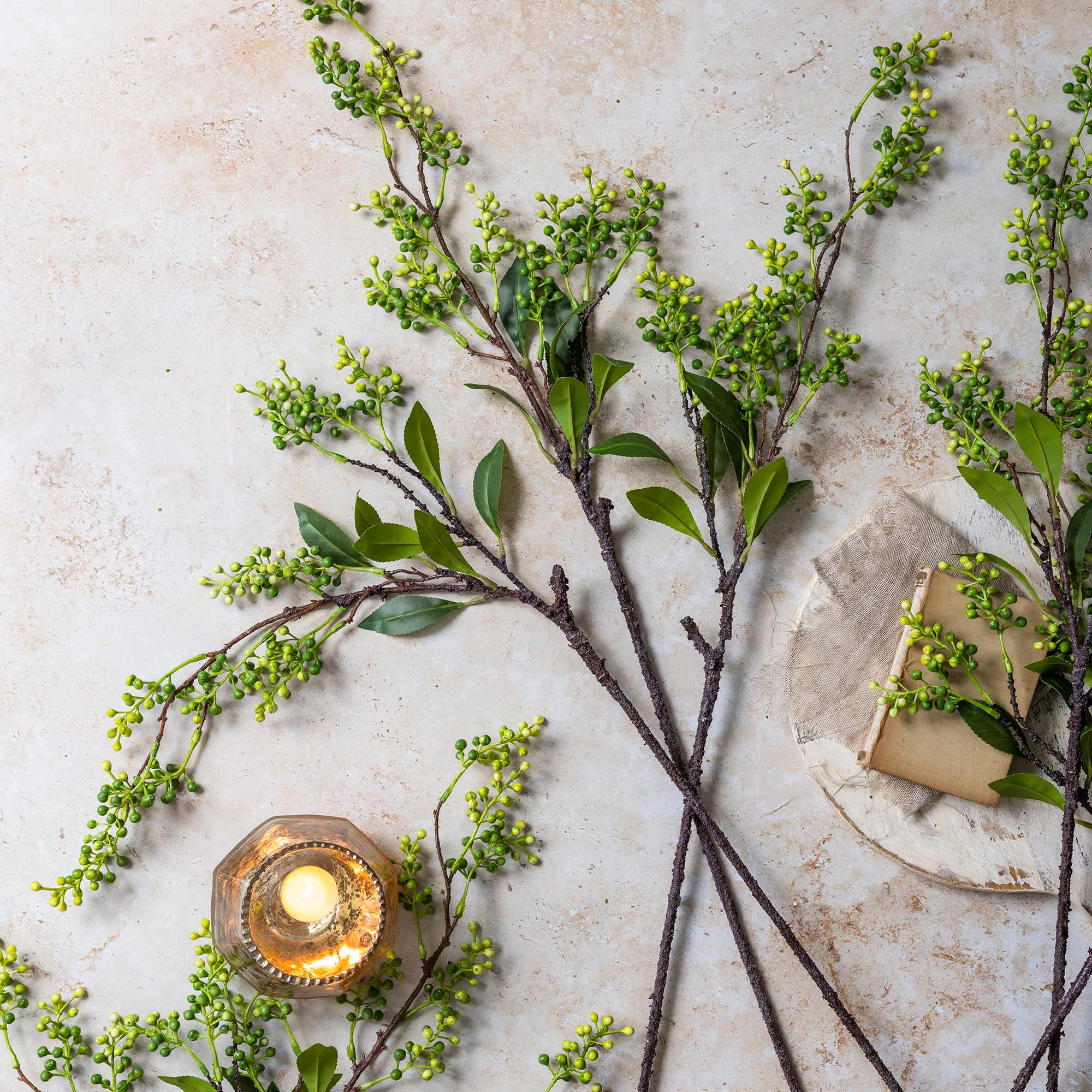 Faux viburnum berries with flexible trailing branch structure