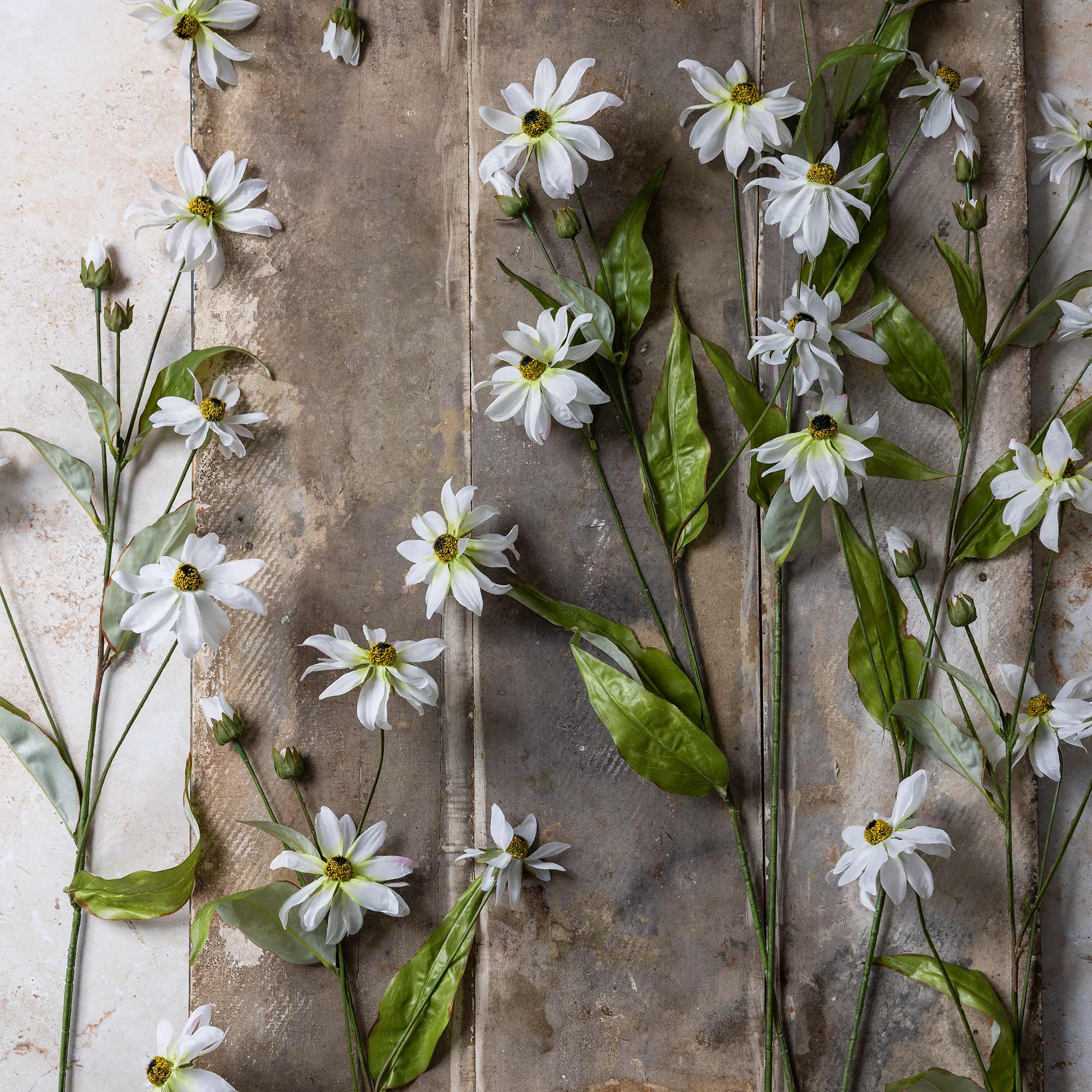 Flat lay of multiple faux cosmos stems with buds and leaves on weathered boards