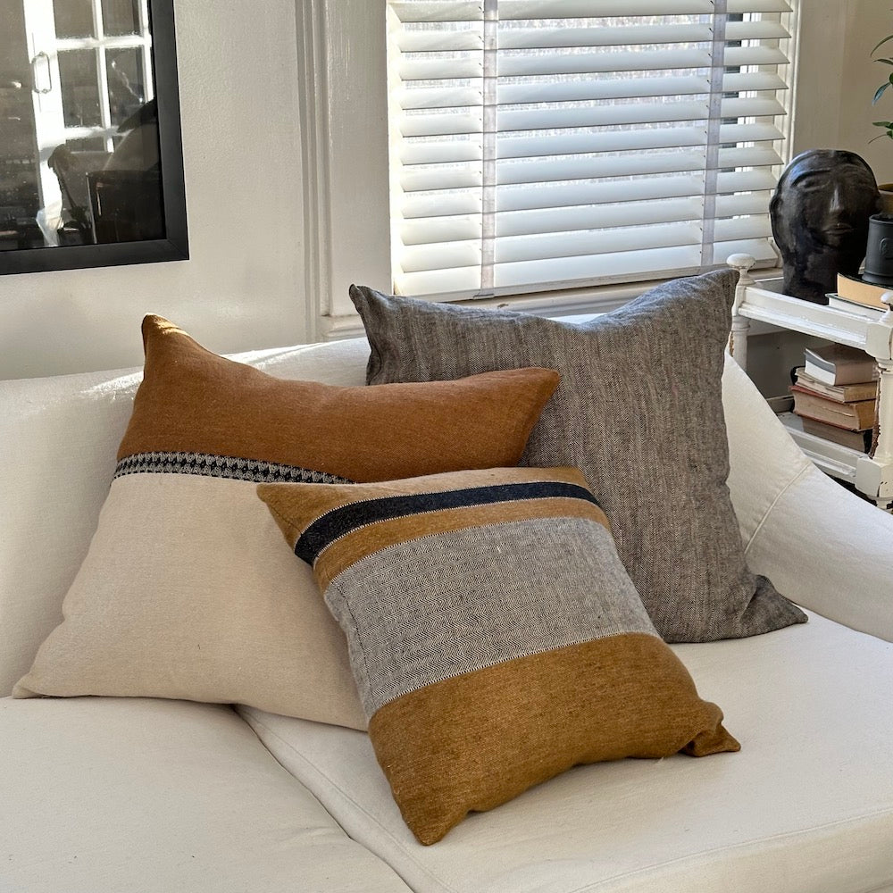 Natural Belgian flax pillow styled with Libeco linens in calming neutral tones