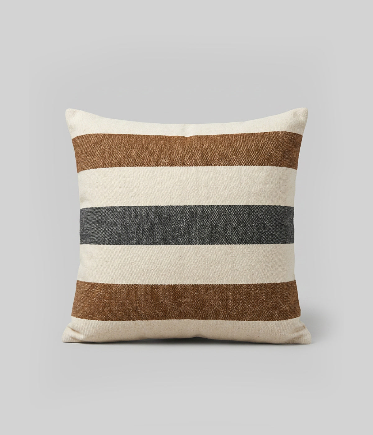 Belgian linen pillow with warm brown and charcoal stripes on a natural ivory ground woven in Belgium