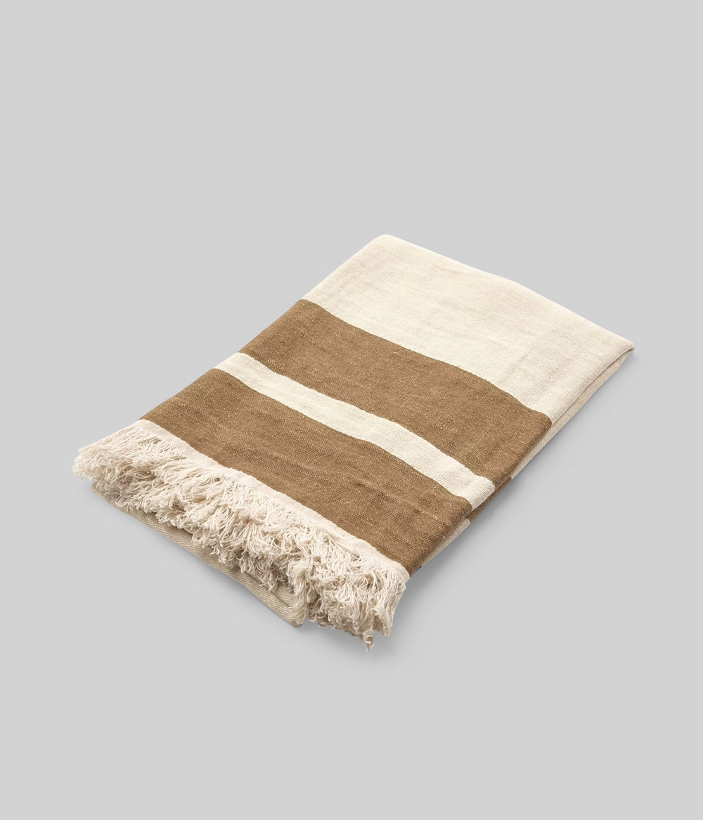Hamam towel in Belgian linen measuring 43 x 71 inches with brown and natural stripes