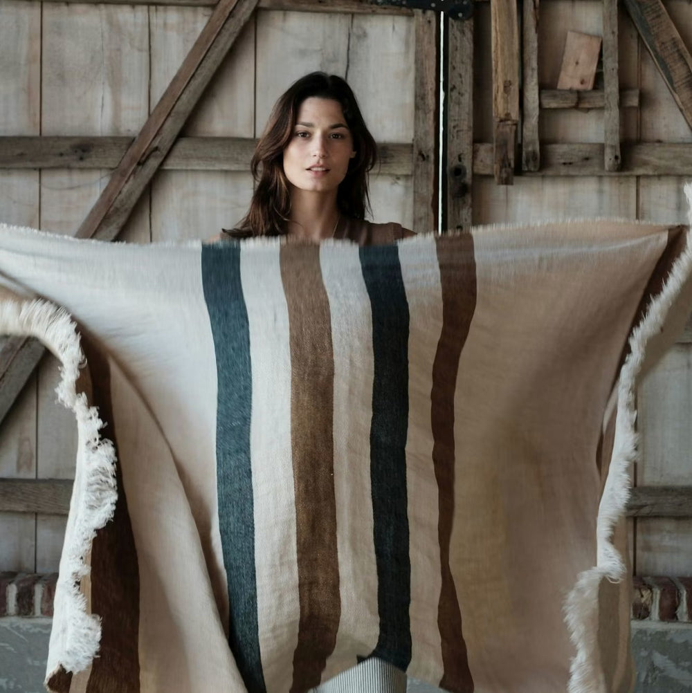 Hamam towel woven in Belgium from 100% linen brown stripe fringed ends