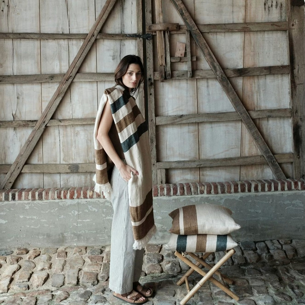 Peshtemal towel in brown and natural stripe washed Belgian linen 43 x 71 inches