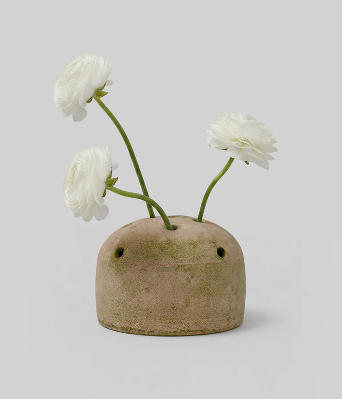 Greenwash terra cotta frog vase with mossy patina and stem-holding holes