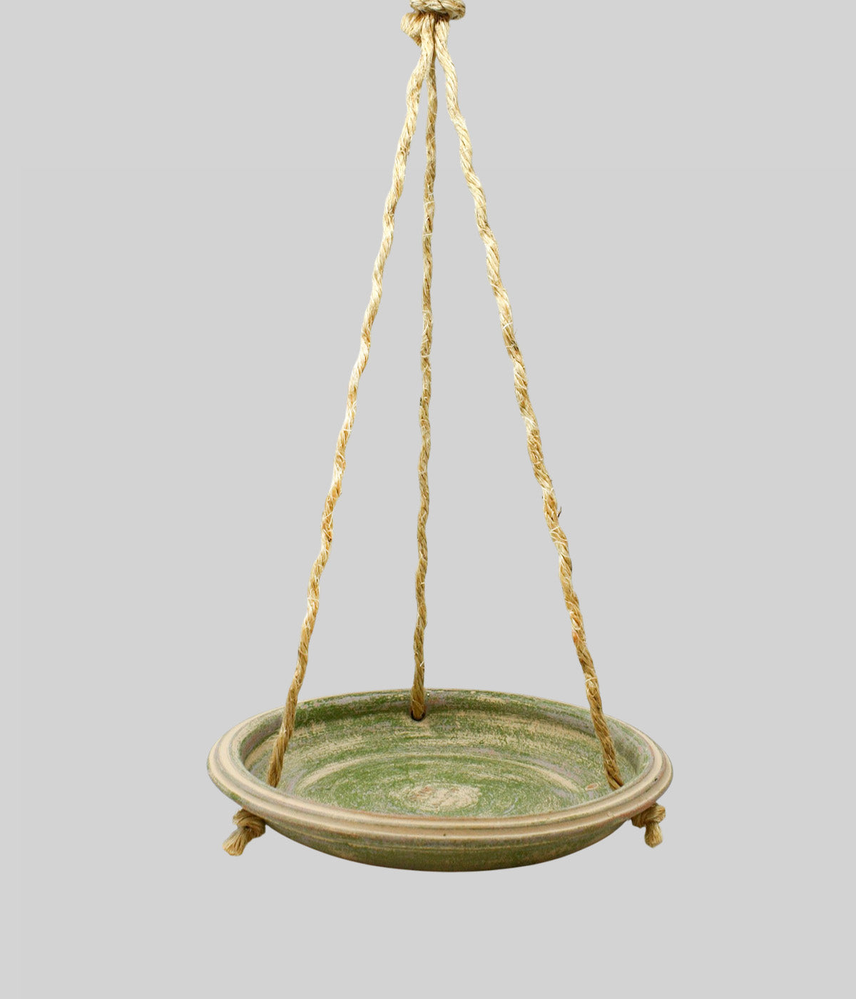 Bloomist x NYBG Garden Sage terracotta bird bath with shallow circular basin and three-point jute rope suspension