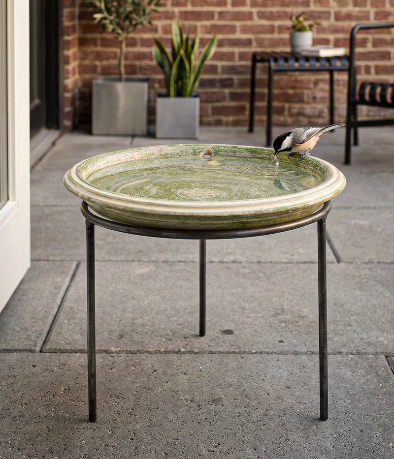 Garden Sage terracotta bird bath filled with water on a wrought iron stand, with a bird drinking on an outdoor patio