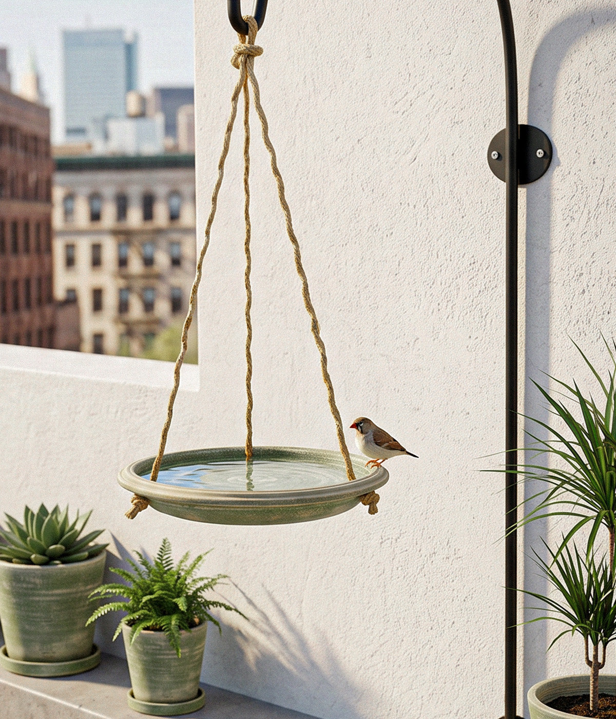 Garden Sage terracotta bird bath hanging from three jute cords with a small bird perched on the rim in a planted outdoor setting
