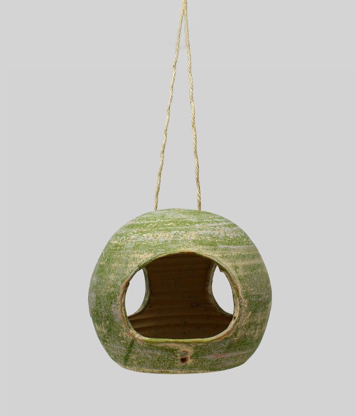 Garden Sage terracotta bird feeder suspended by jute rope