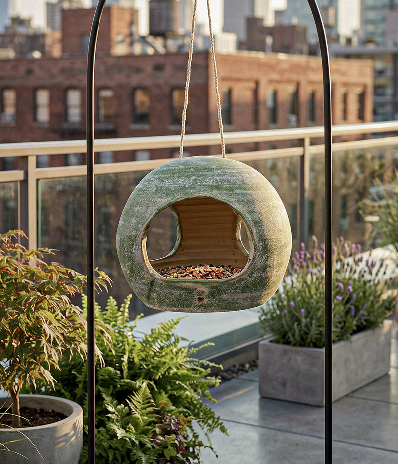 Garden Sage terracotta bird feeder suspended by jute rope from a wrought iron stand in a planted rooftop garden