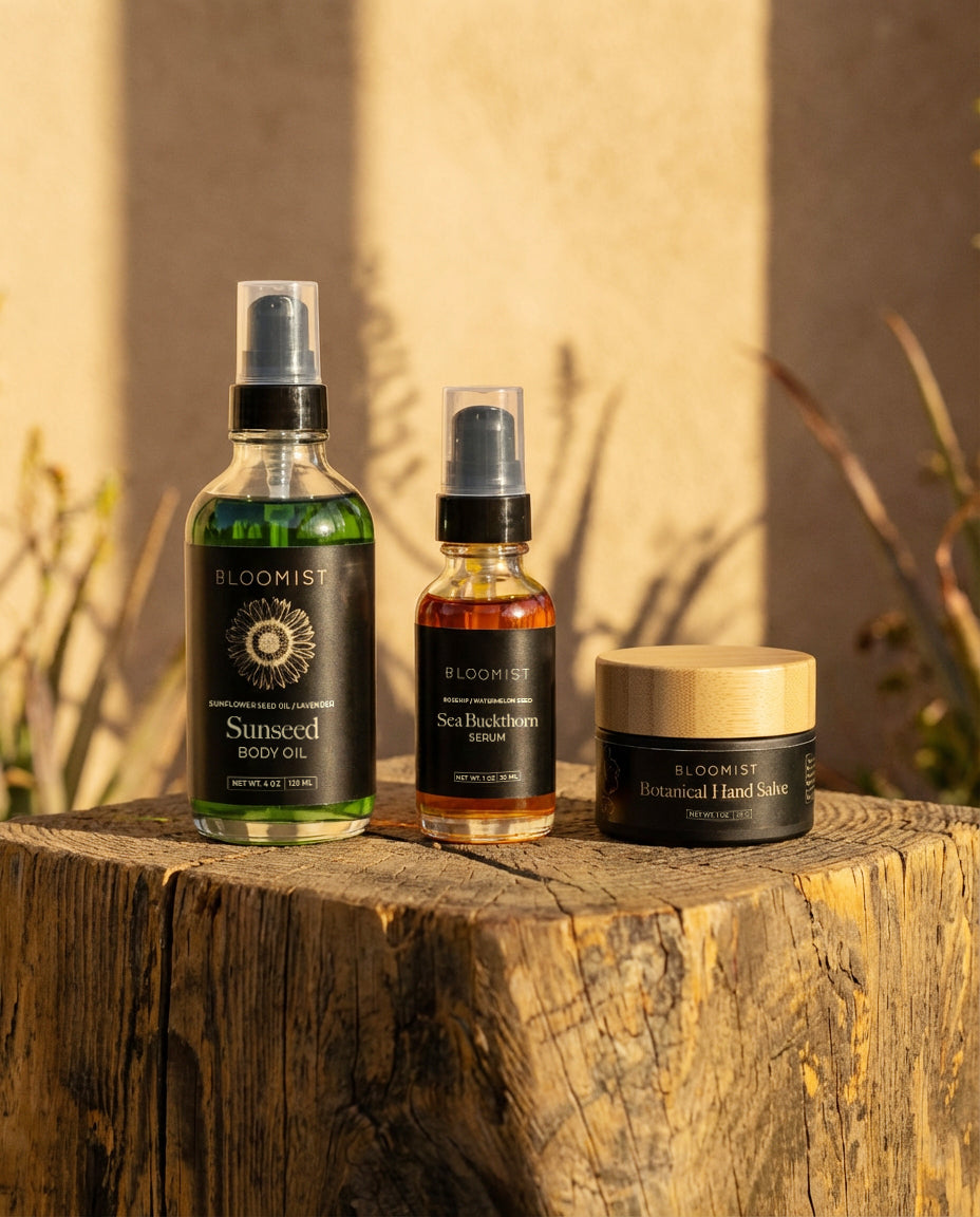 Sea Buchthorn Serum, Sunseed Body Oil, and Botanical Hand Salve from Bloomist