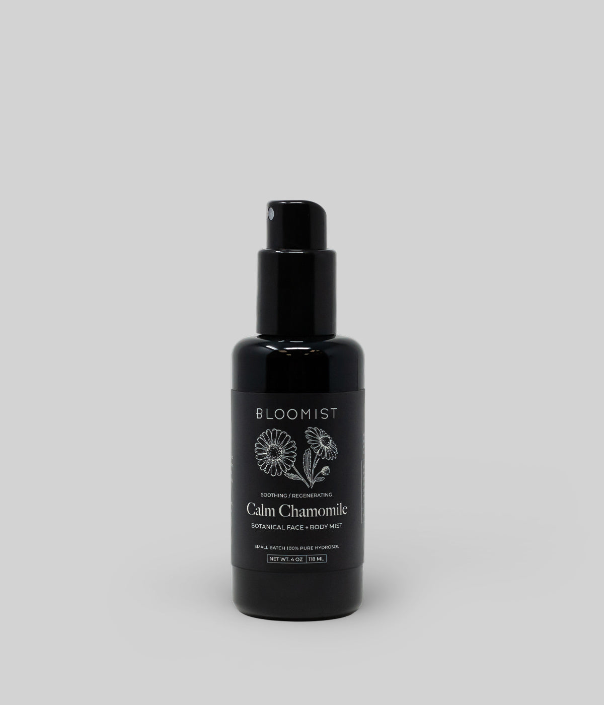 Organic Chamomile Hydrosol face and body mist in a black bottle