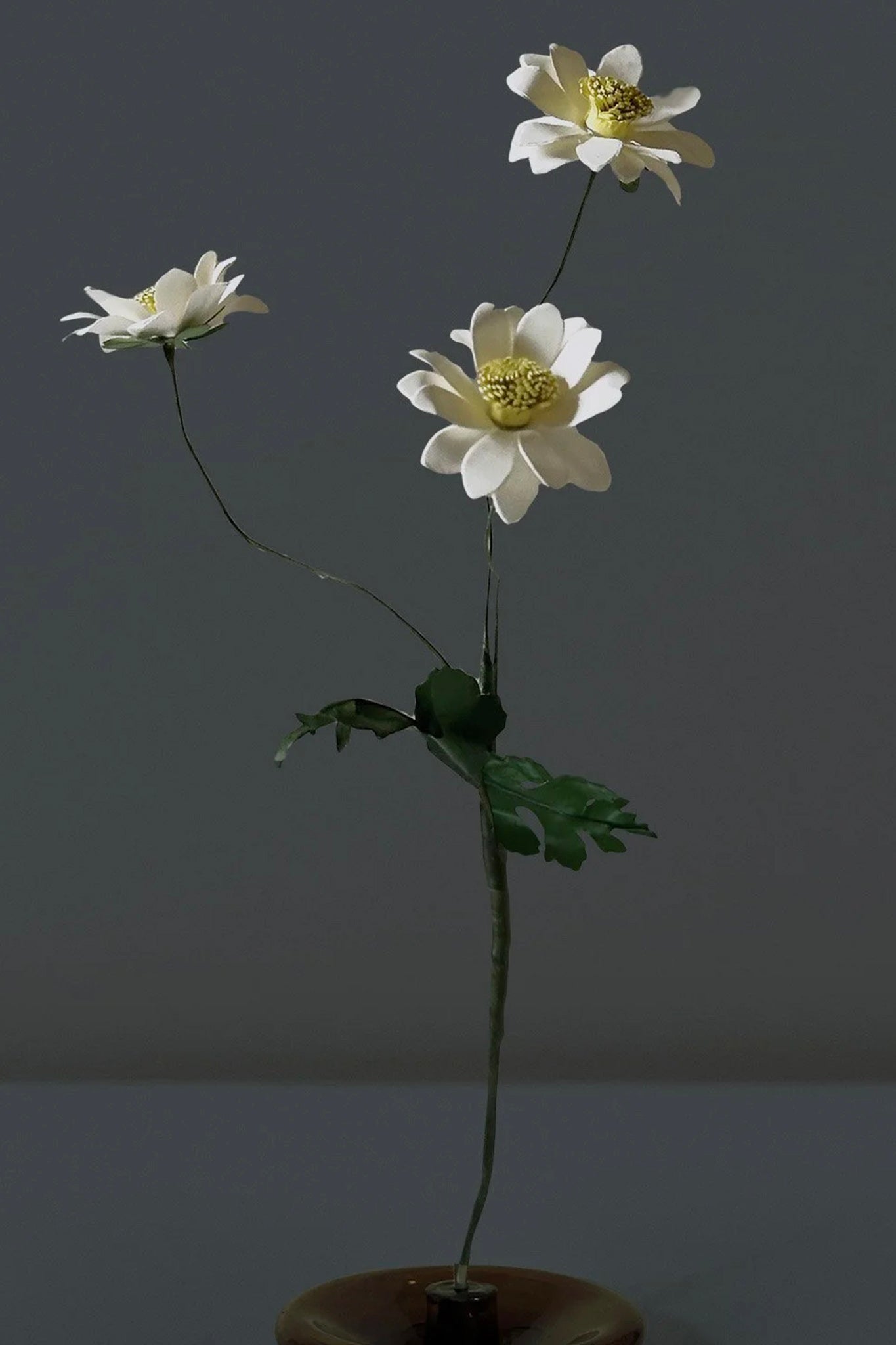 White chrysanthemum beeswax paper flower with golden center