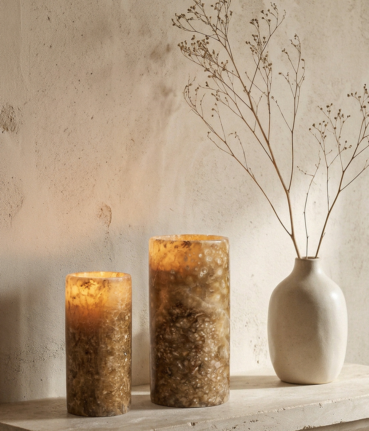 Cylinder Amber Alabaster Vase and Candleholder