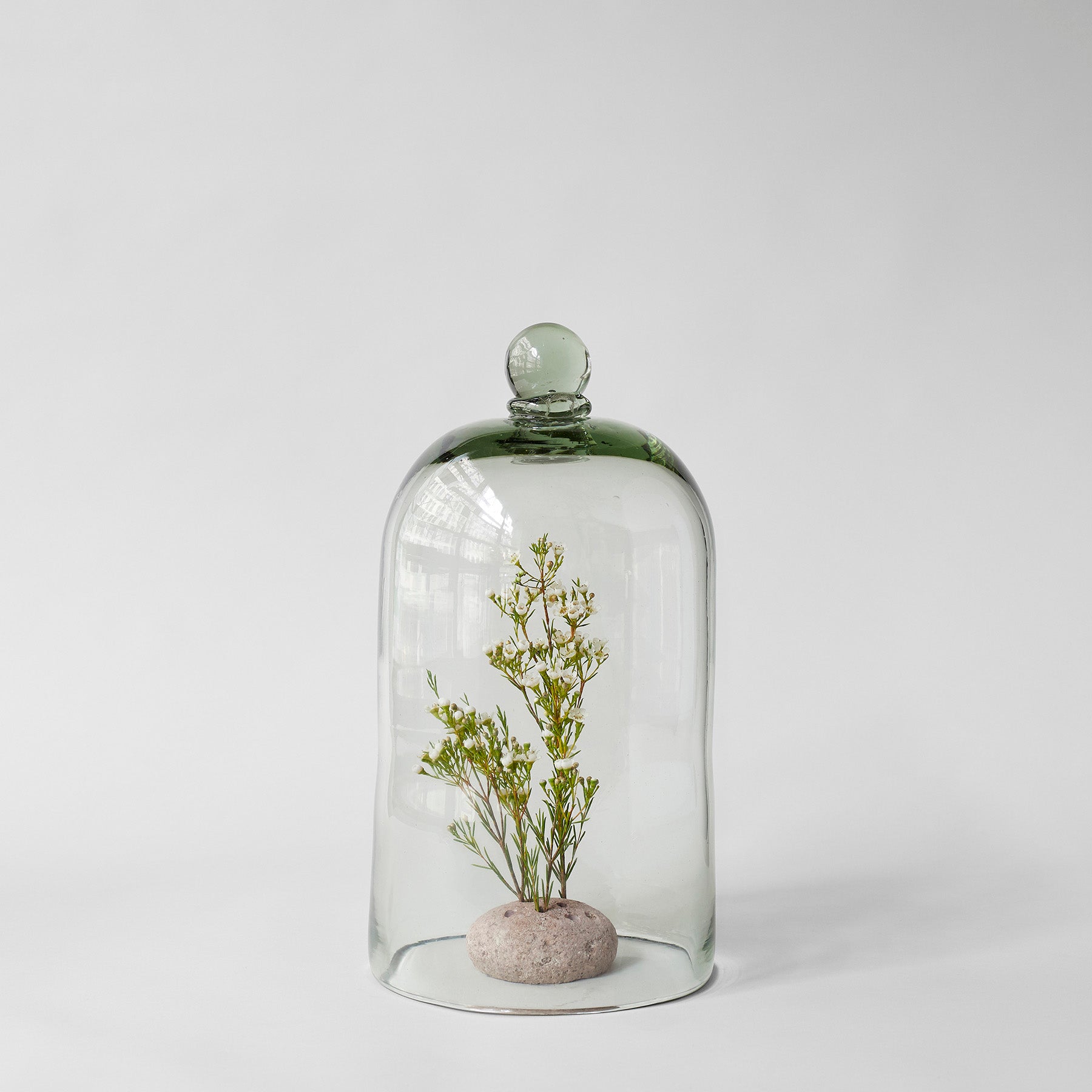 Stone flower frog displayed under a glass cloche with dried botanicals