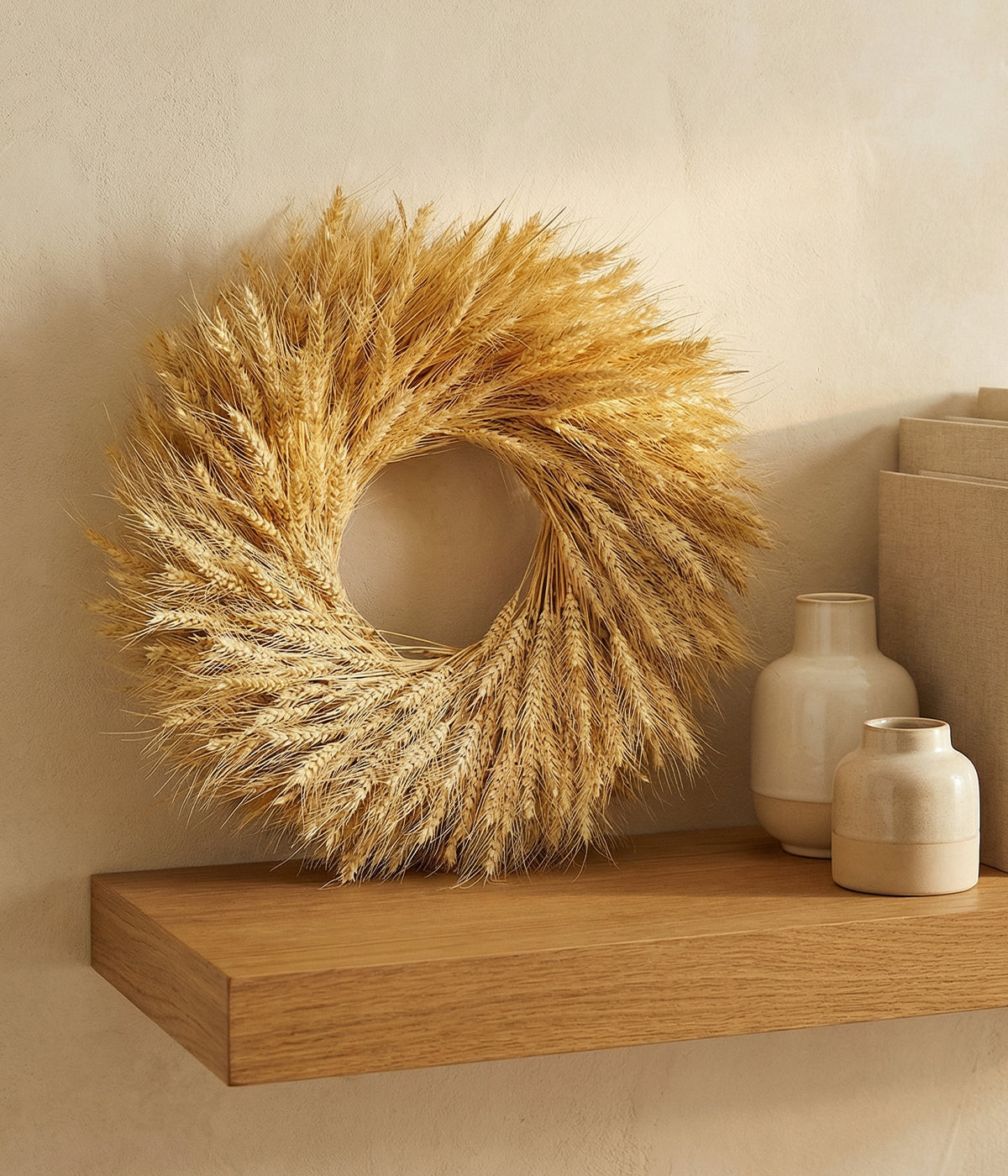 Blonde dried wheat wreath displayed on wooden shelf with neutral pottery