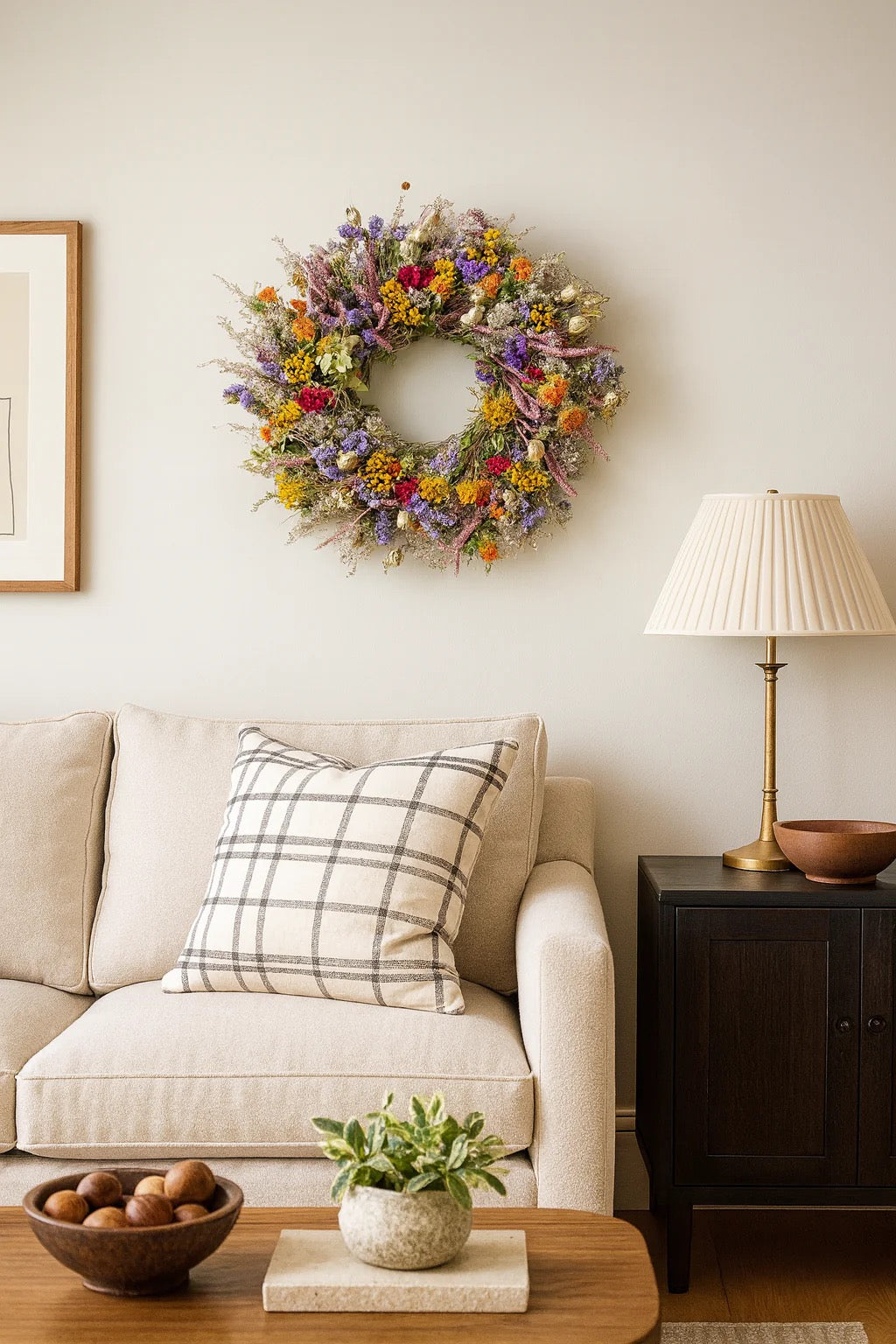 Estelle wreath on neutral wall above a sofa and coffee table with decorative accents
