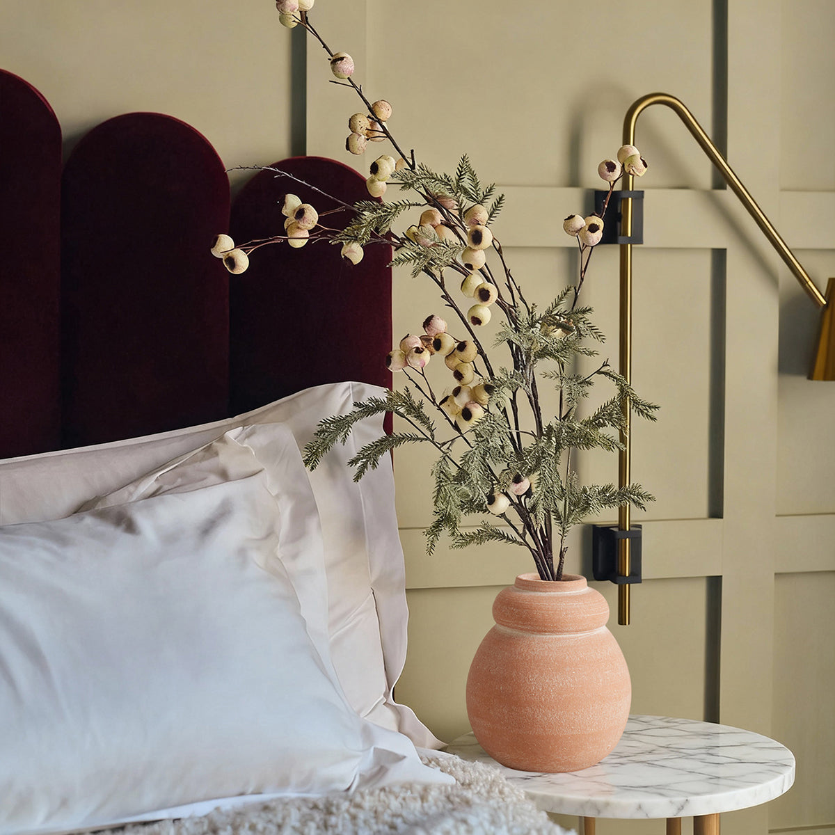 Winter Flower Arrangement with frosted pine and cream berry stems for modern home decor