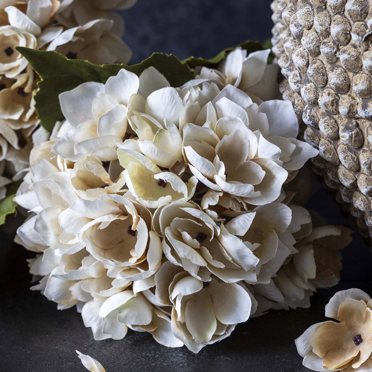 Muted hydrangea artificial stem with 10 inch rounded flower head for interior decor