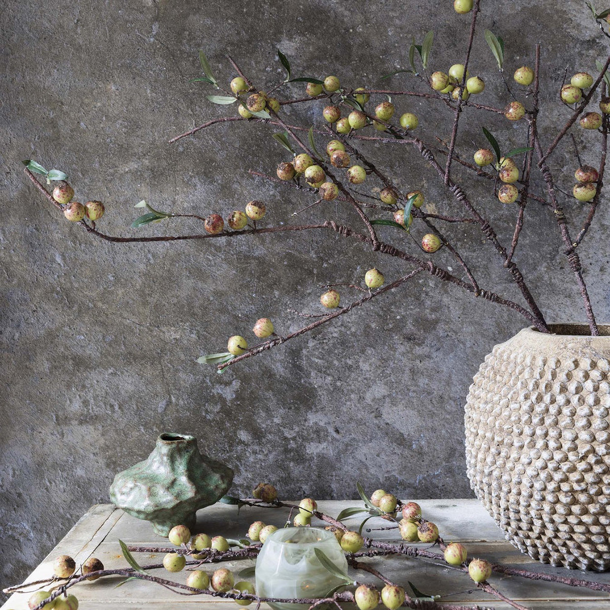 Artificial Rosehip Berry Branch with lifelike berries and slender leaves for tall vases