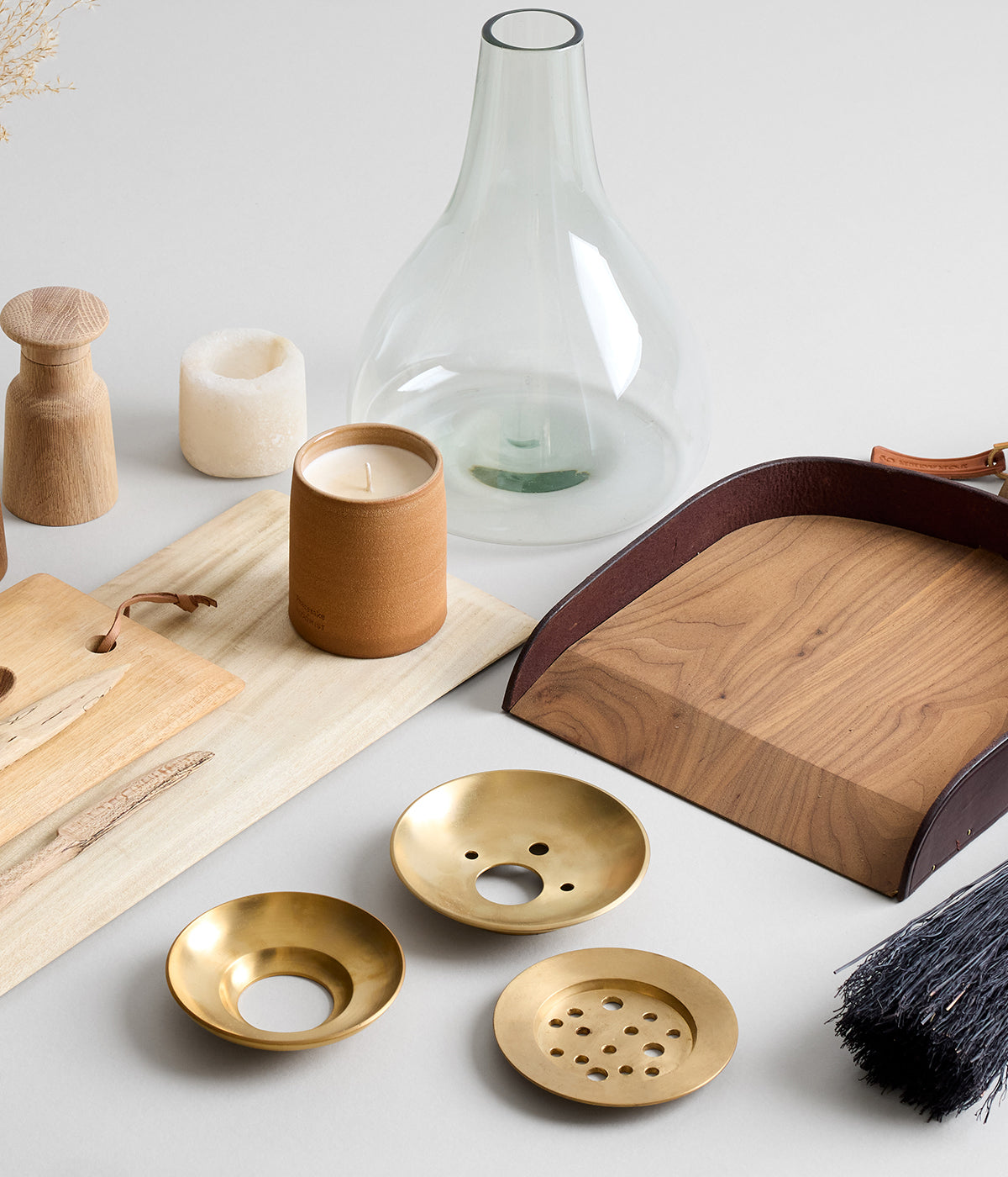 Brass frog set for floral arranging paired with handmade Ikebana vases for home display