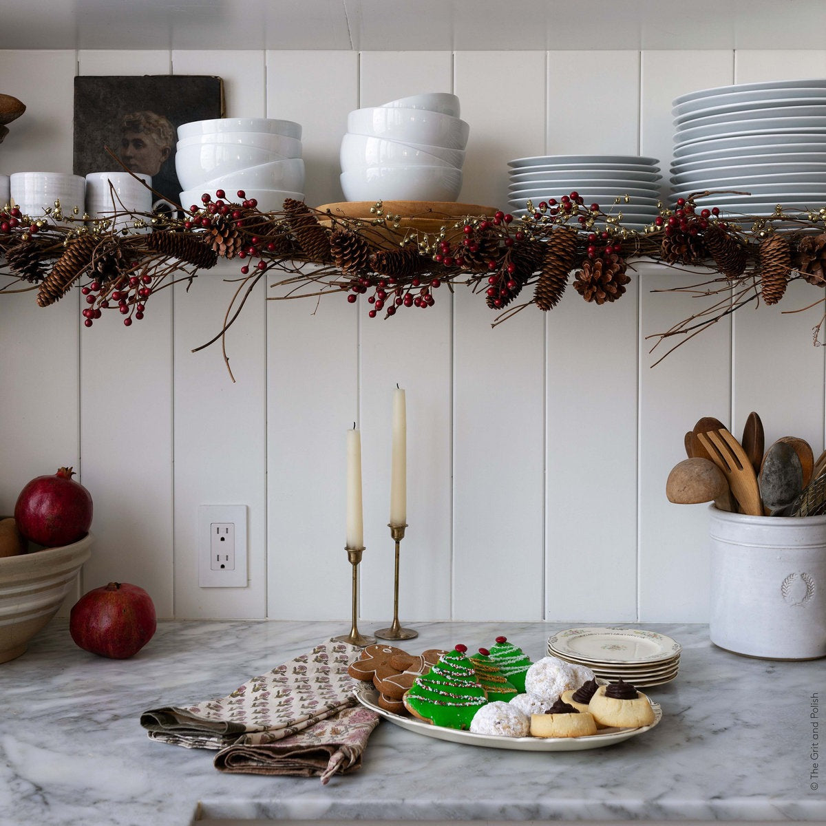 Fireplace Decor Idea with artificial red ilex berry stems for seasonal accent