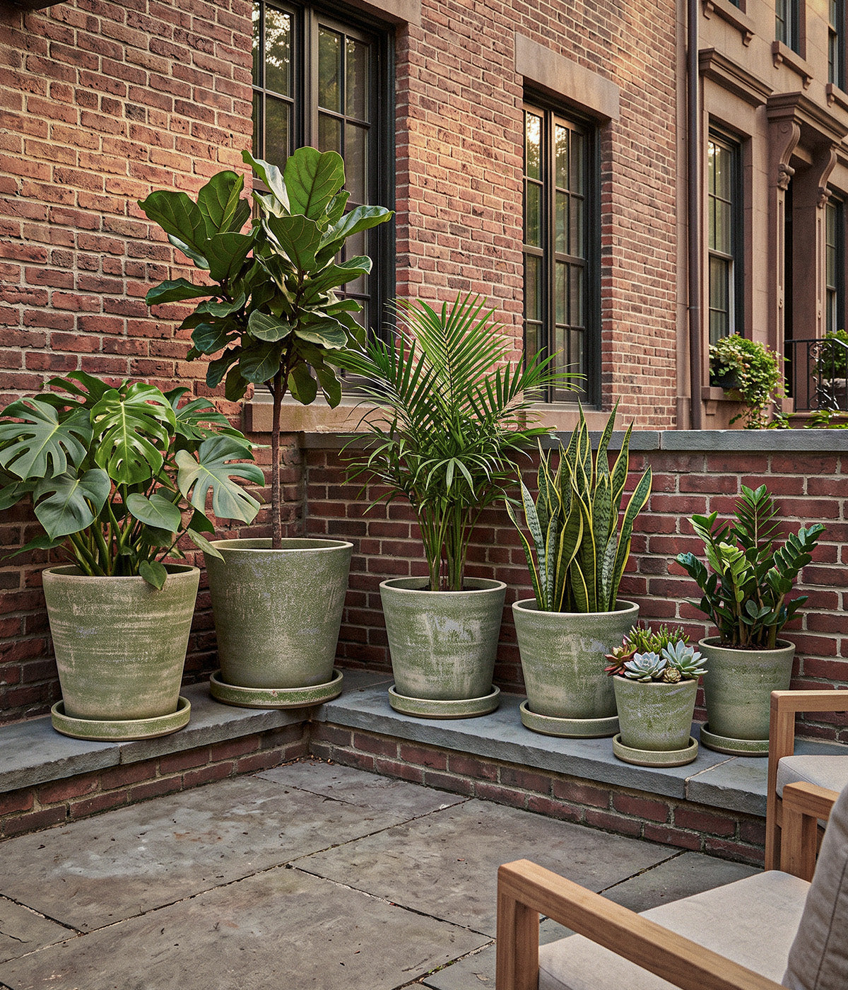 Six Garden Sage terra cotta planters in graduated sizes filled with assorted green plants on an outdoor brick terrace