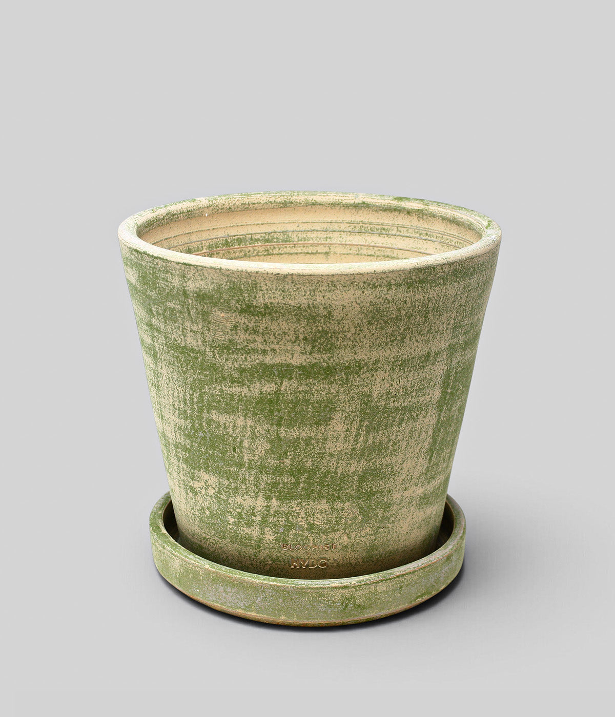 XX-large Garden Sage terra cotta planter with matching tray and mottled pale cream variation across the surface