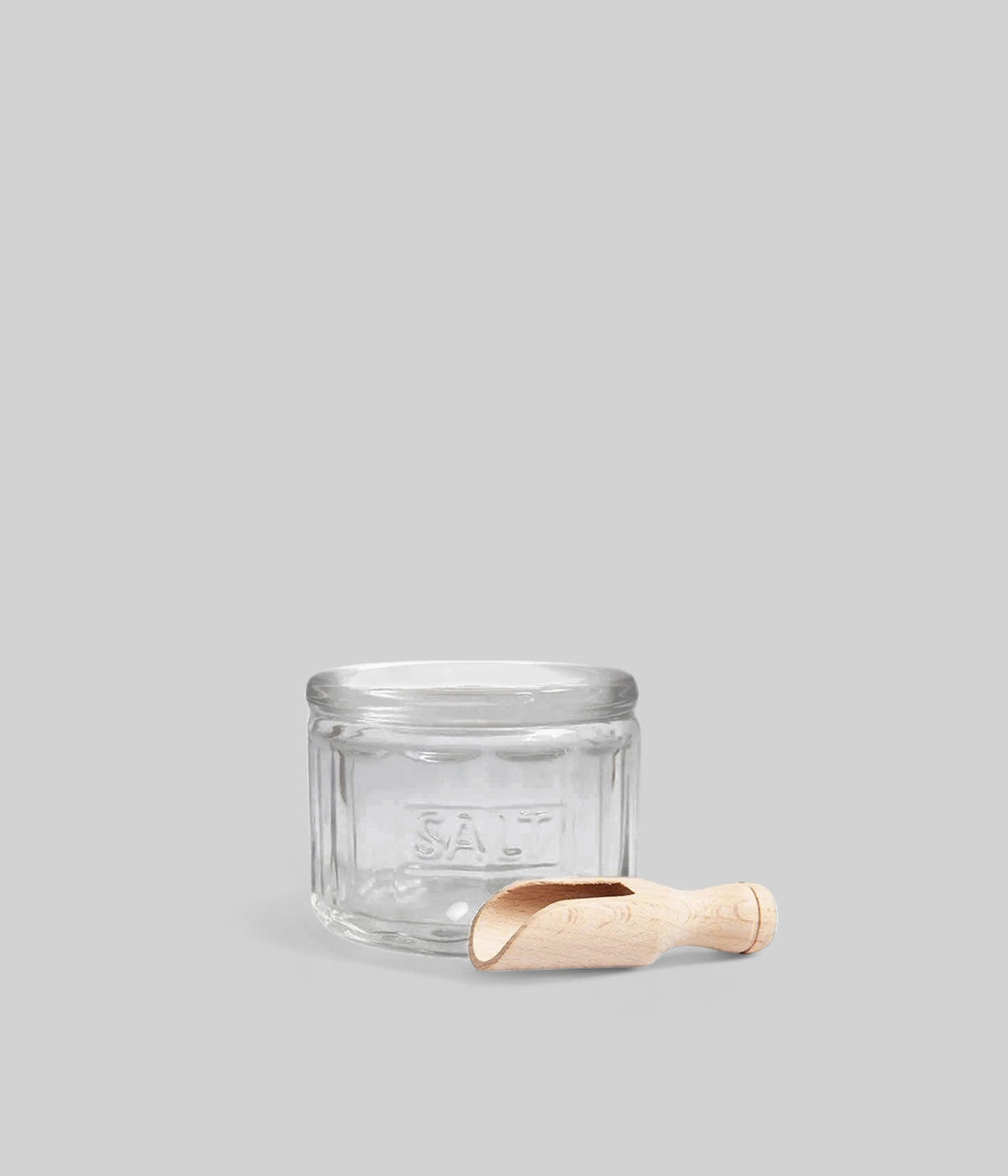 Thick glass salt cellar with lid and wood scoop