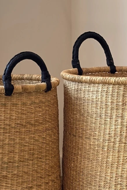 Ghana basket with two leather wrapped handles