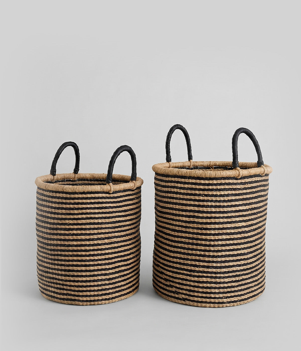 African hand woven baskets with bold horizontal stripe pattern