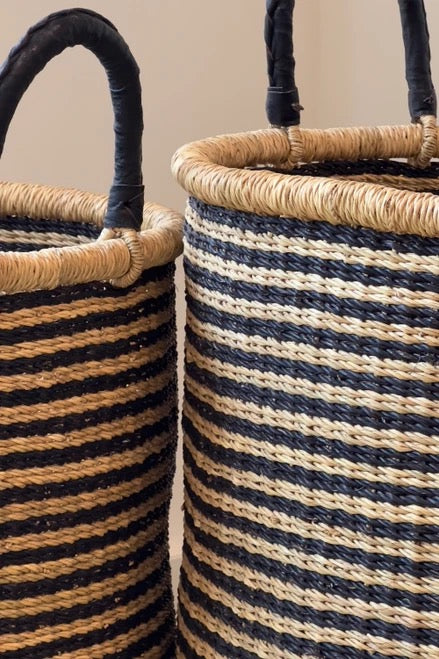 Bolgatanga baskets with leather wrapped handles