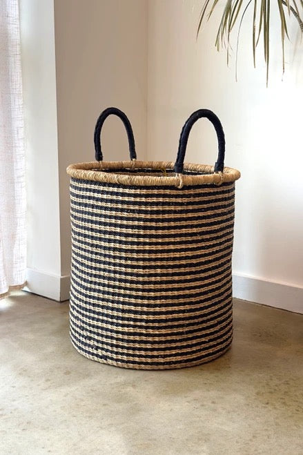 Ghana bolga baskets with bold stripes and rigid form