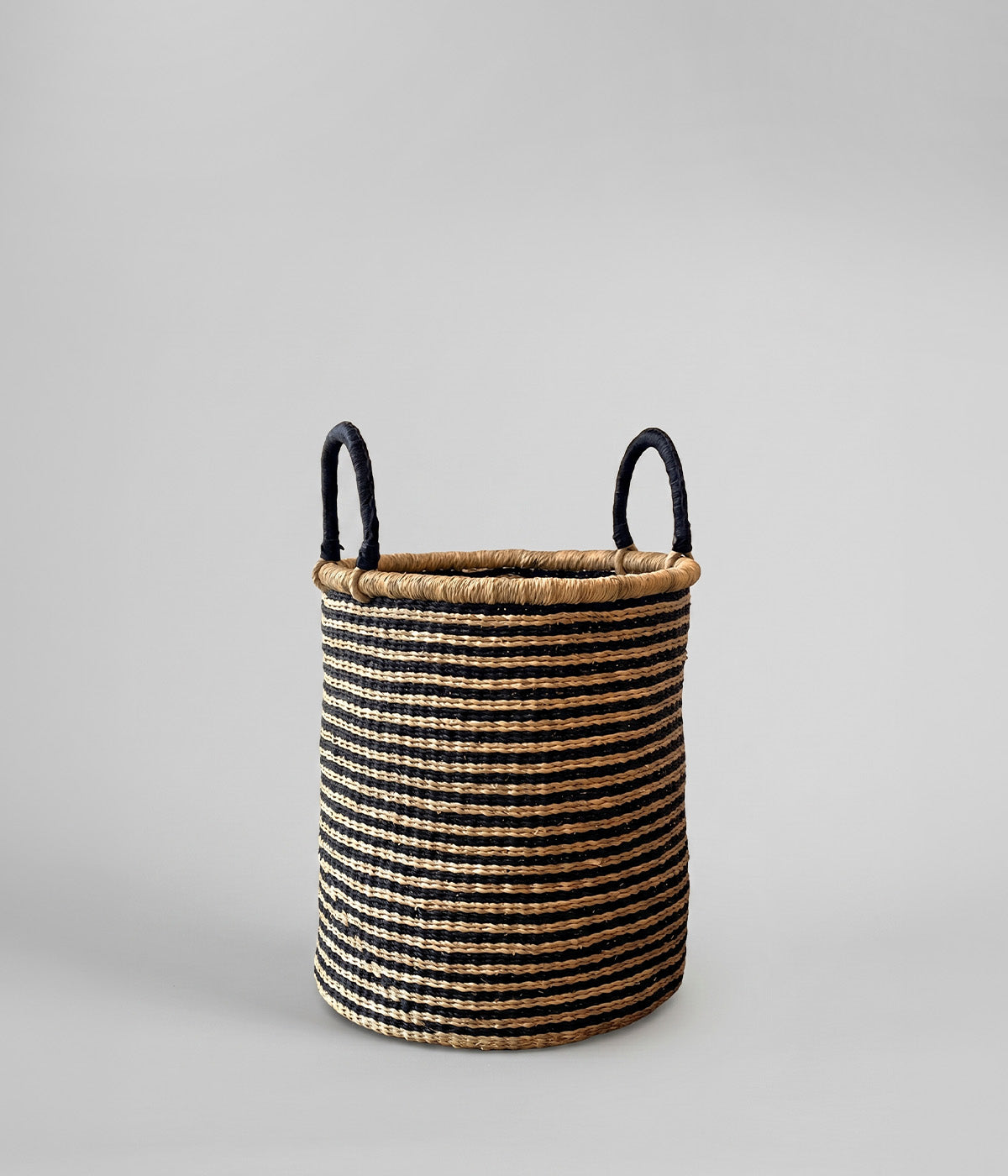 Bolgatanga baskets made from elephant grass with black and natural stripe pattern