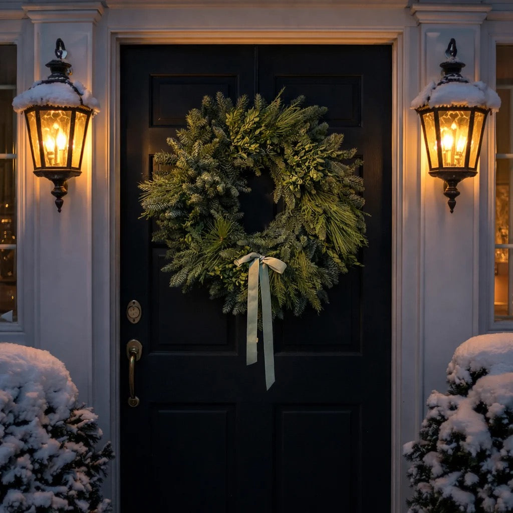 Hazel traditional Christ1234mas wreath with sage velvet bow and mixed fresh greenery on a black front door
