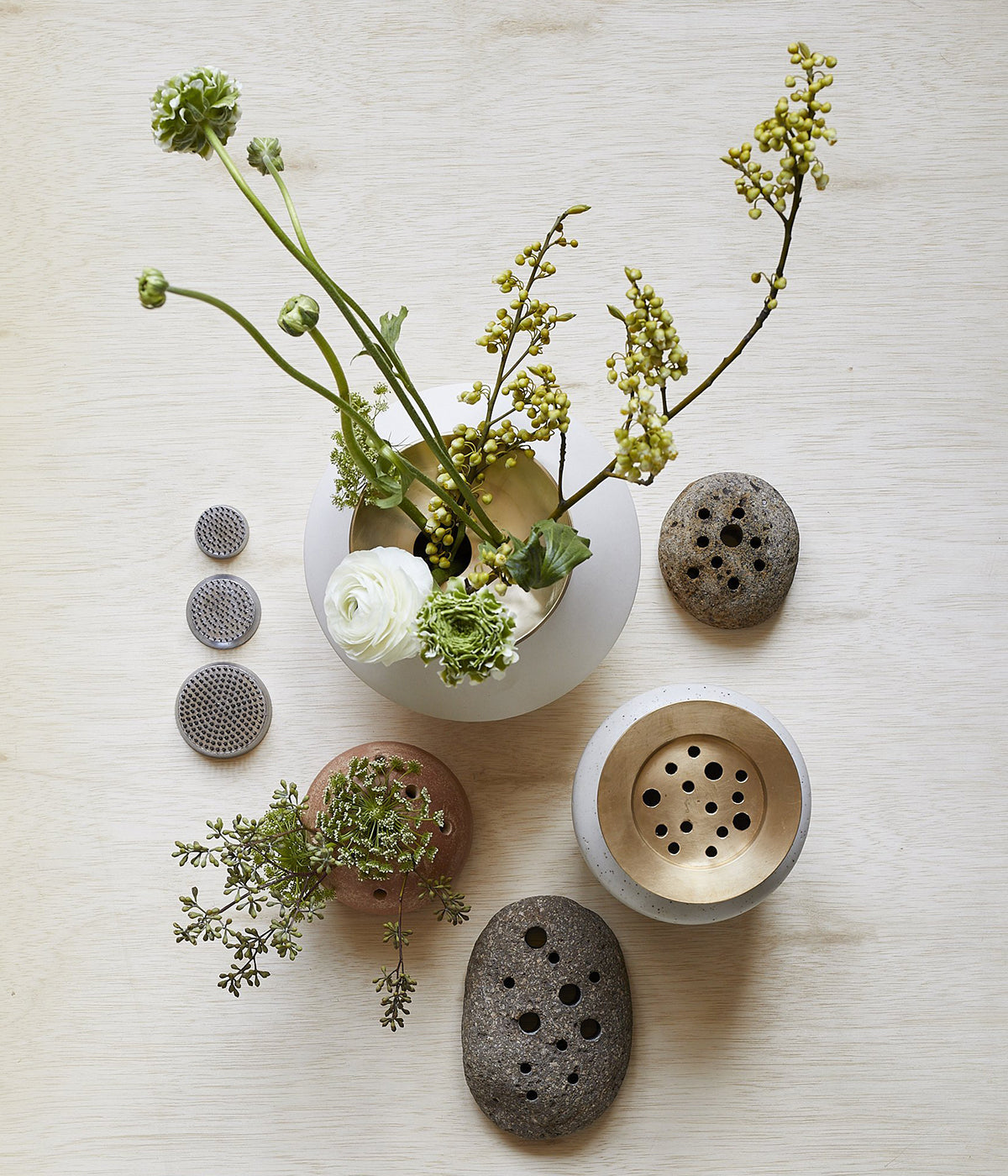 Ikebana vases with multi opening brass frogs for minimalist flower and branch styling