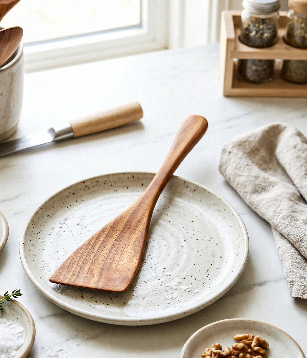 Speckled ceramic plate with wooden spatula on a light surface with kitchen items.