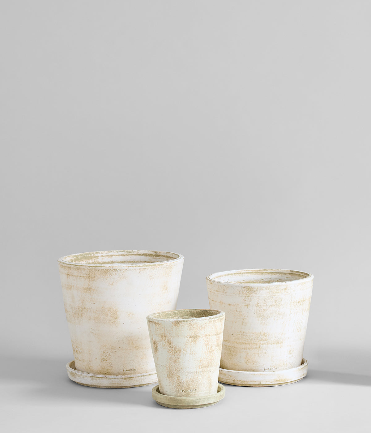 Bloomist white patina planter bundle with wide tapered form ideal for large-scale botanicals