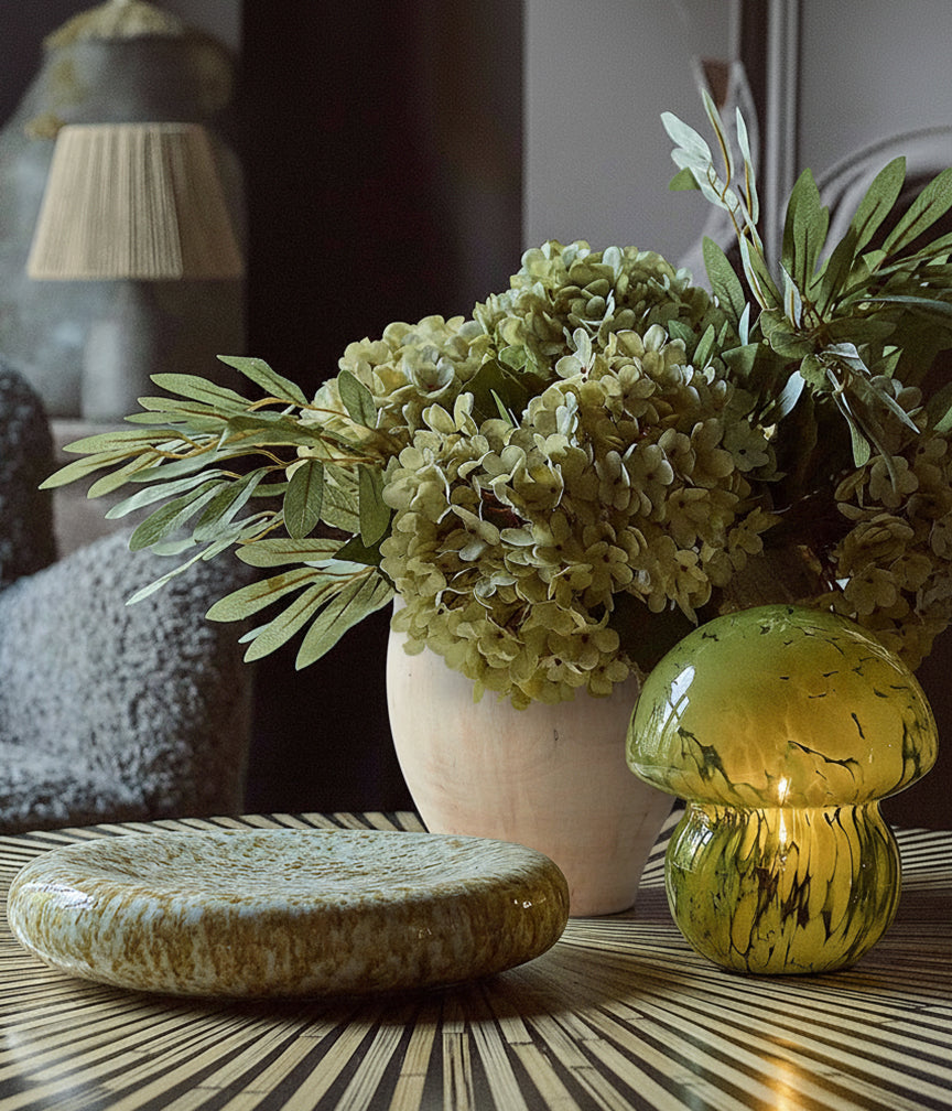 Lifelike faux bouquet of hydrangeas and willow designed for timeless interiors
