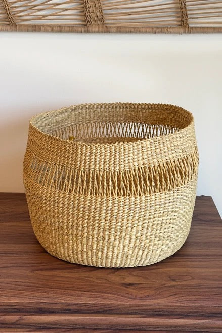 Handwoven elephant grass basket from Bolgatanga with natural tone