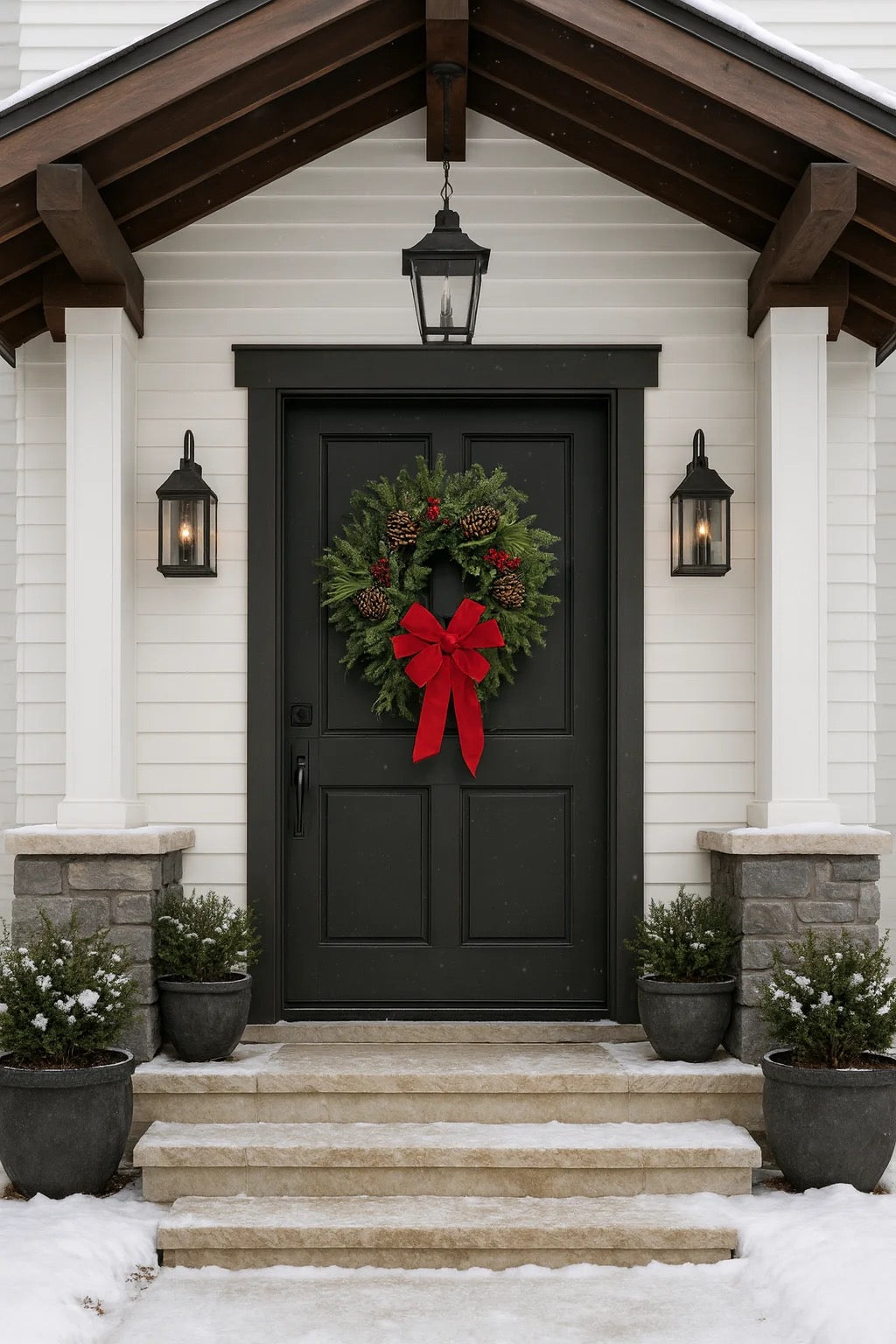 Ruby Christmas wreath with red bow hanging on a black front door on a snow-covered porch
