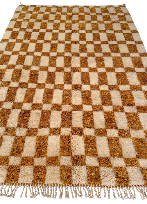 Handwoven gold checkered rug crafted in Morocco using thick knots and organic spice dyes