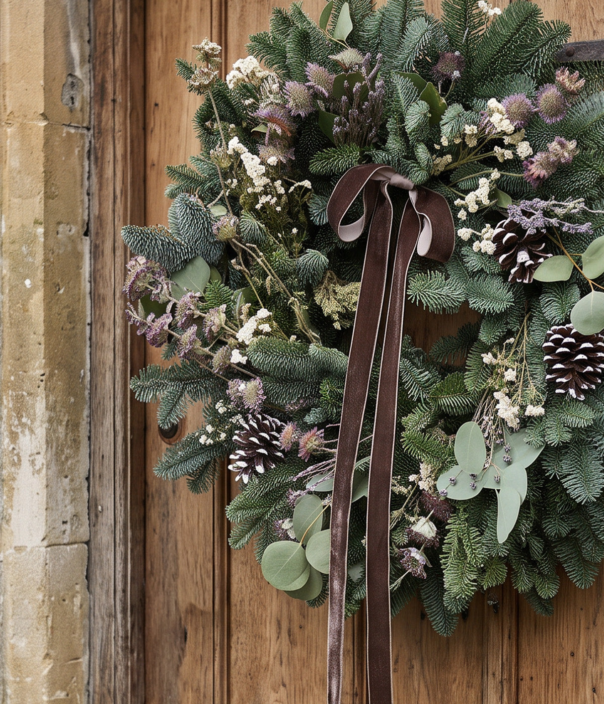 Close-up of Sylvie fresh lavender and eucalyptus wreath featuring purple flowers, eucalyptus leaves, evergreen branches, pine cones, and brown velvet ribbon.