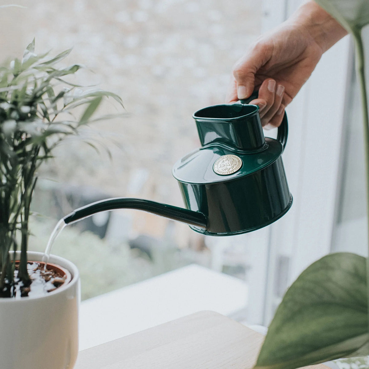 High-Quality Steel Watering Can from Haws with long spout and powder coated green finish