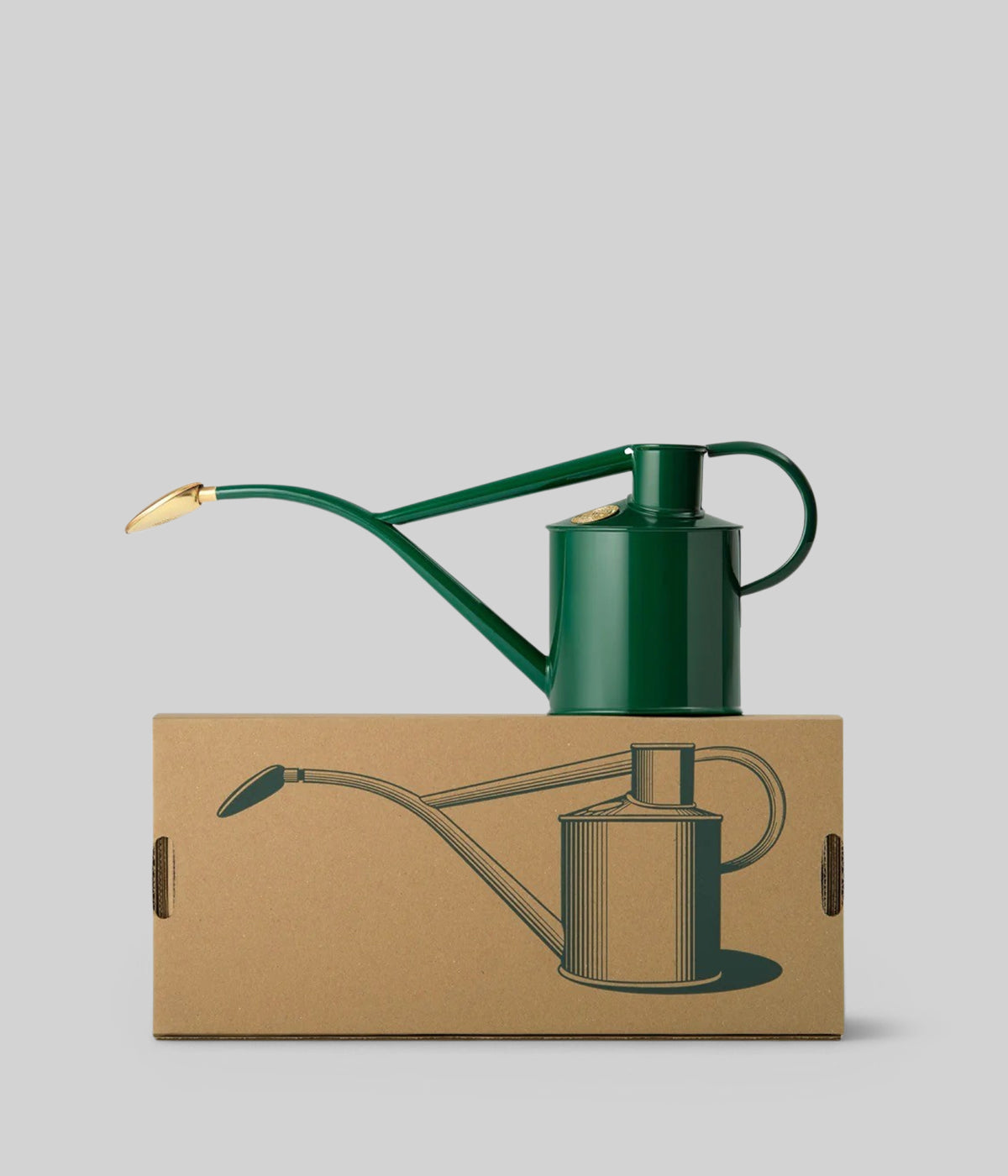 Metal watering can outdoor safe with green powder-coated finish and long curved spout