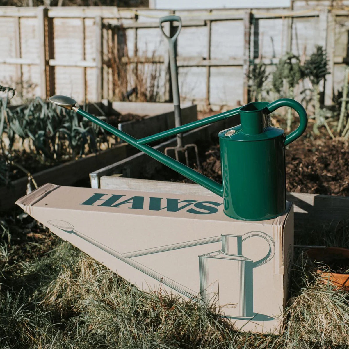 French watering can style with arched handle and spout, finished in deep green powder coat