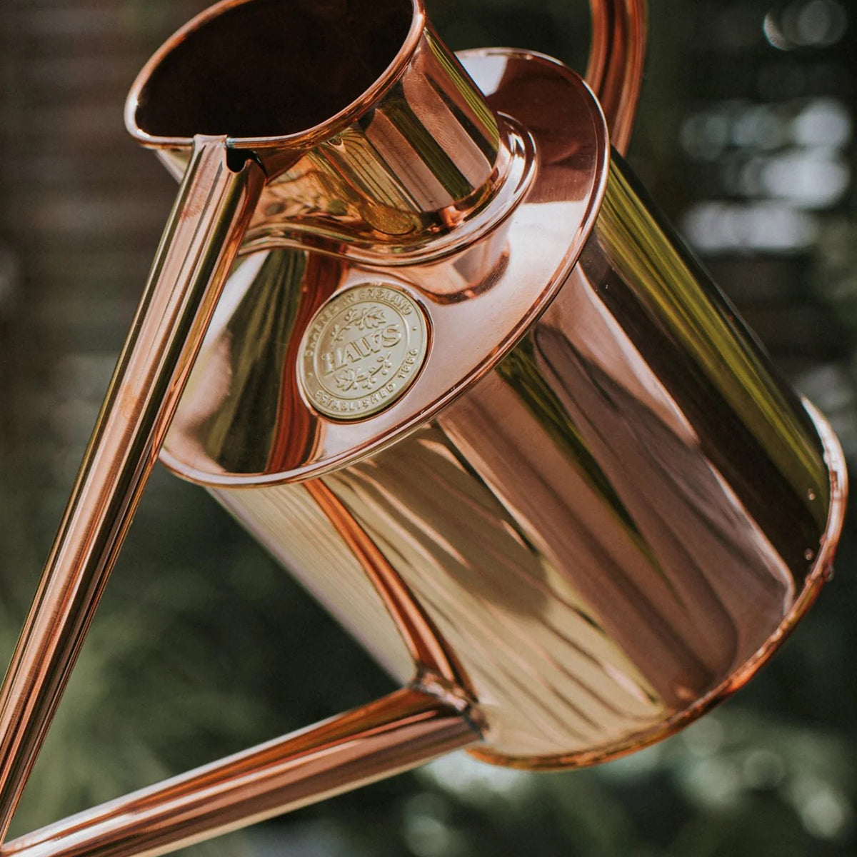 Watering can with long spout and copper finish for delicate indoor plants and hanging baskets