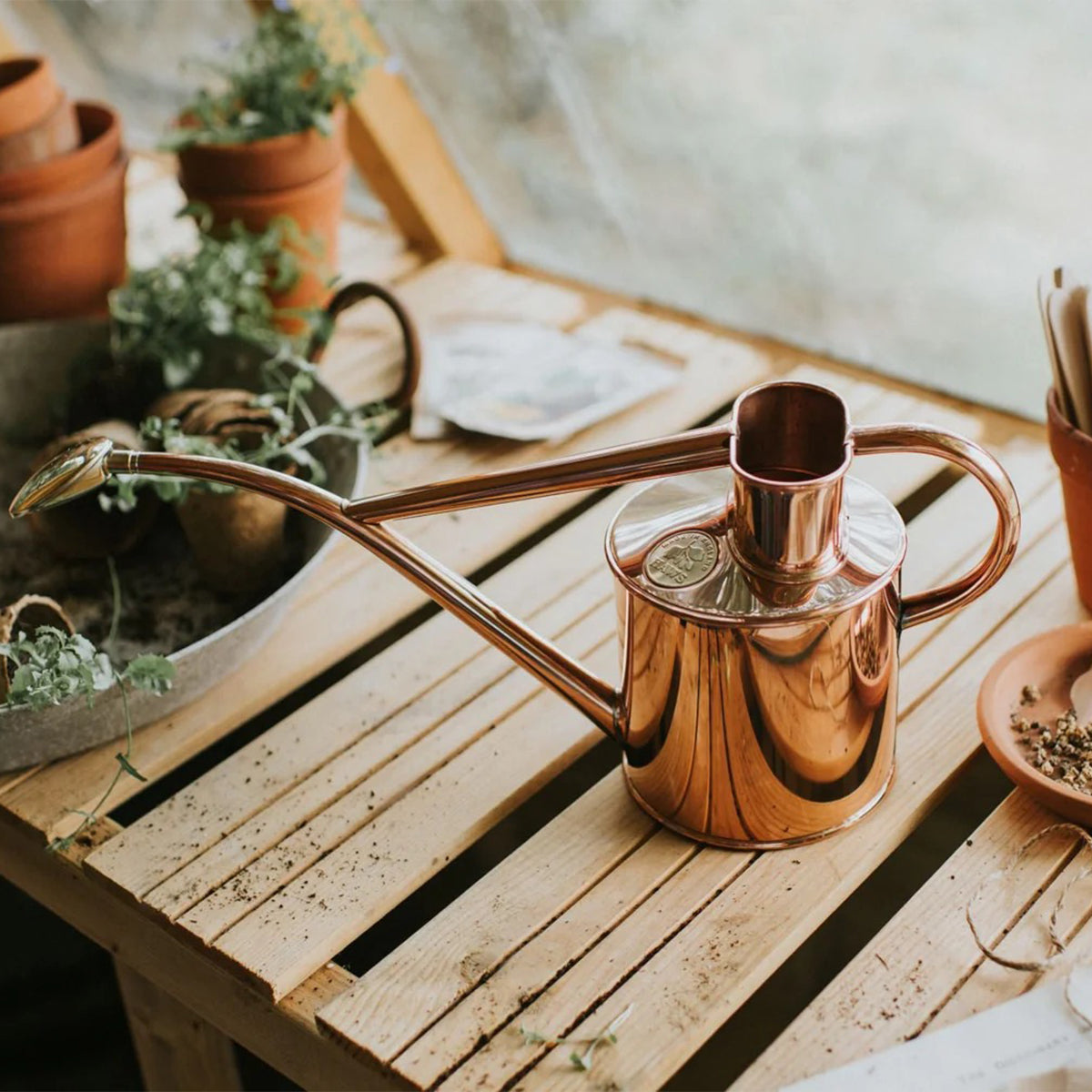 Best long neck watering can made from untreated copper with brass rose and balanced handle