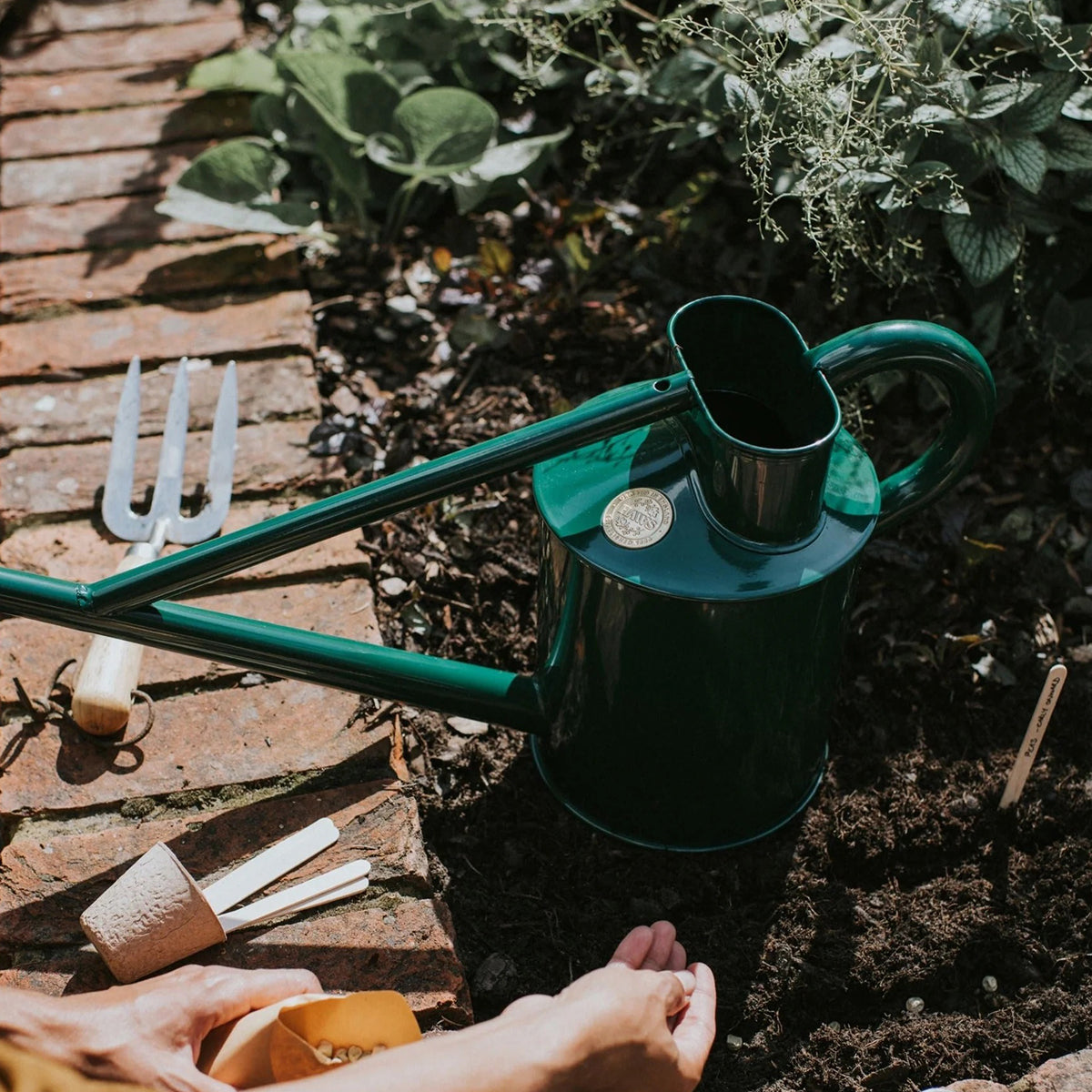 Small metal watering can in green finish with brass rose and curved handle for control
